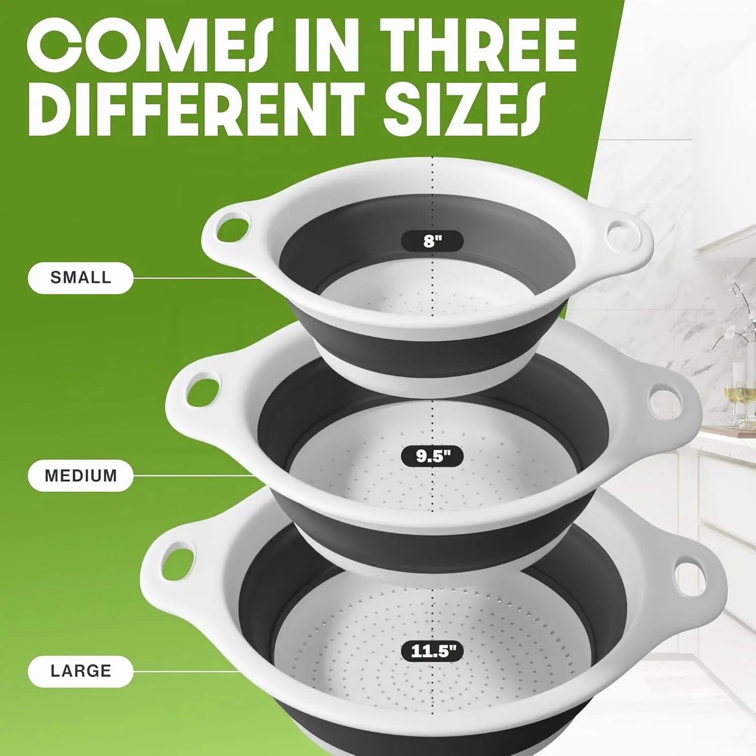 3-Piece Collapsible Colander Set with Self-Draining Base